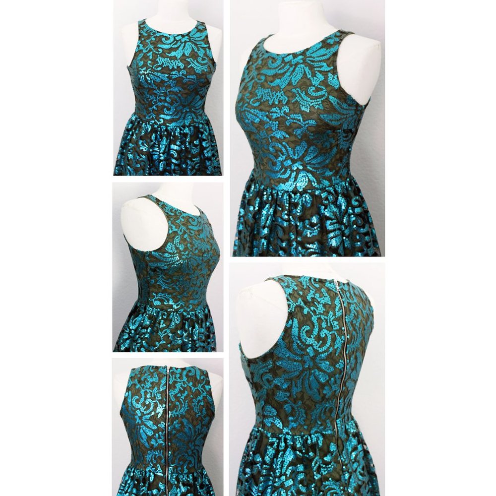 Teal Olive Green Sequin Crochet Scallop Lace Dress - Picture 3 of 8